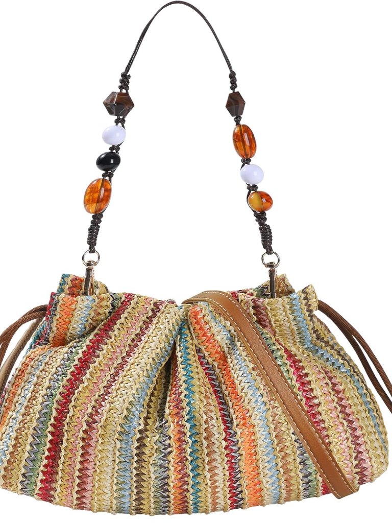 Women Straw Woven Crossbody Bag, Boho Drawstring Mini Handbag With Beaded Strap,
